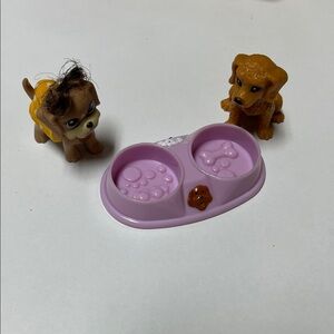 Toy Dog Figures with Purple Feeding Bowl